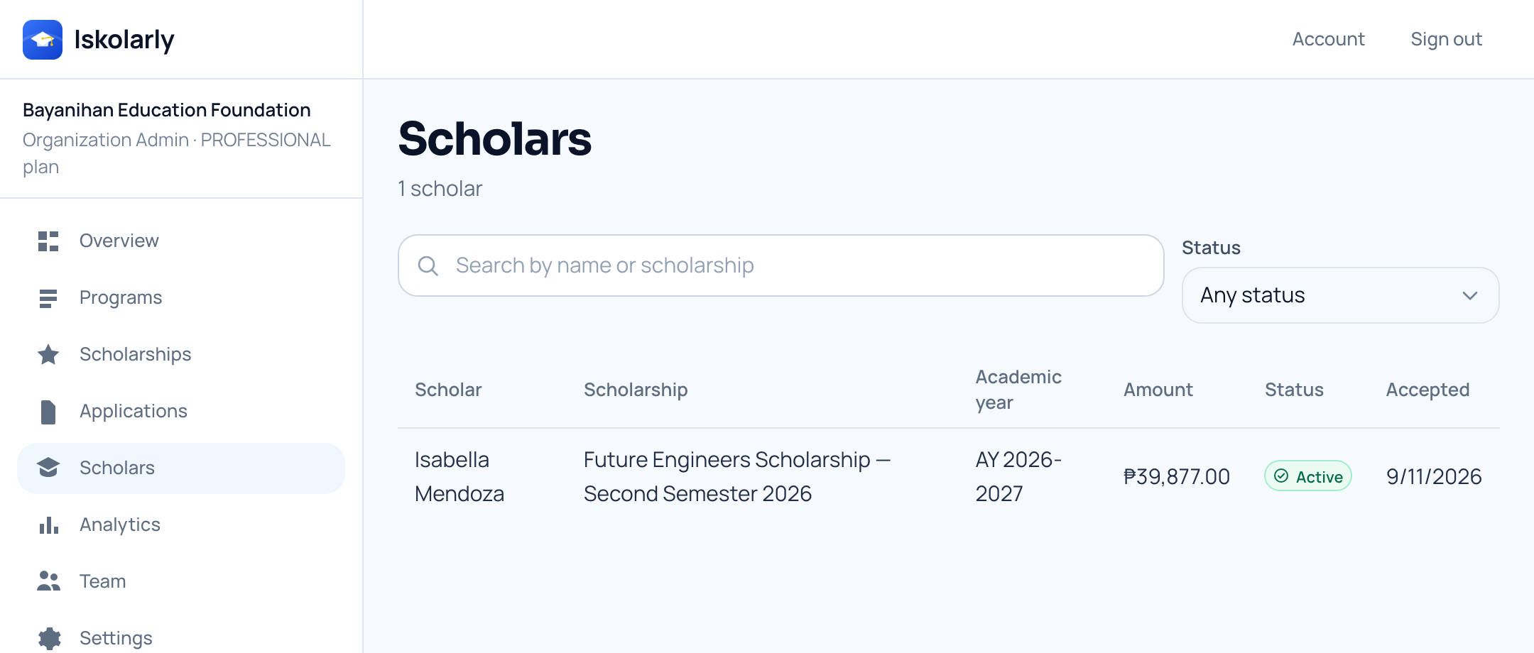 A roster of scholars, each row showing their scholarship, academic year, award amount and the date they accepted it.
